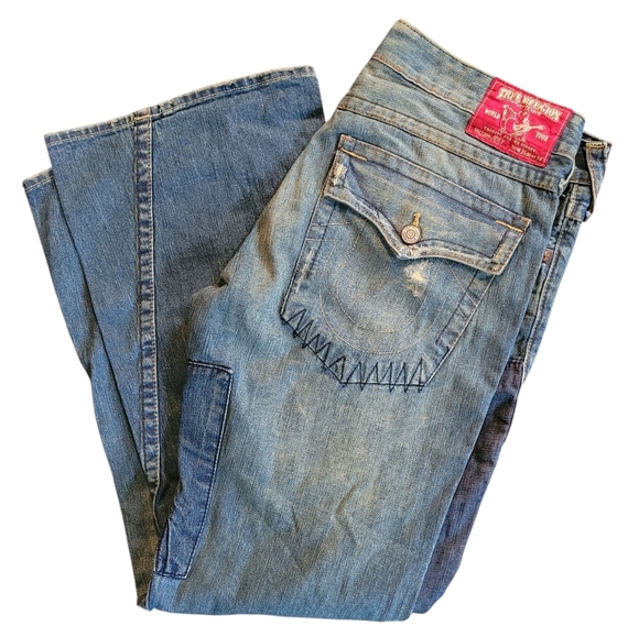 True Religion Joey Distressed Patchwork Denim Blue Jeans Men's 36/34 USA Casual - Picture 1 of 16